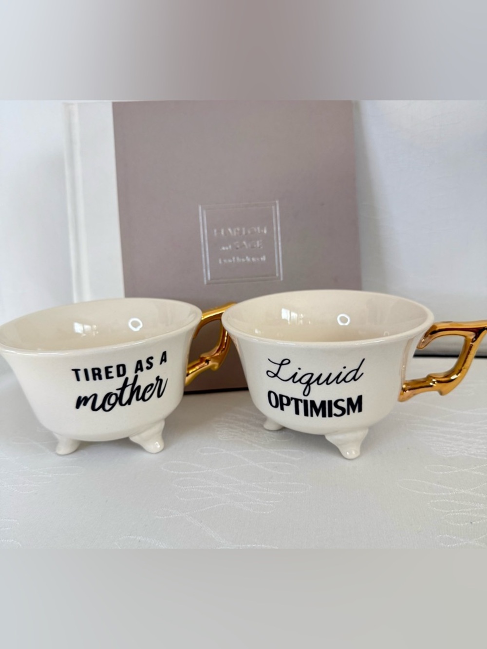 Funny Coffee Mug Set Gold Handle Tired As A Mother Liquid Optimism Gift - Picture 2 of 5